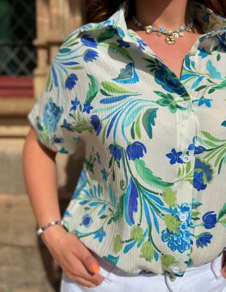 Chemisette femme été fleurie - Chemisier imprimé léger vert et bleu du 34 au 50