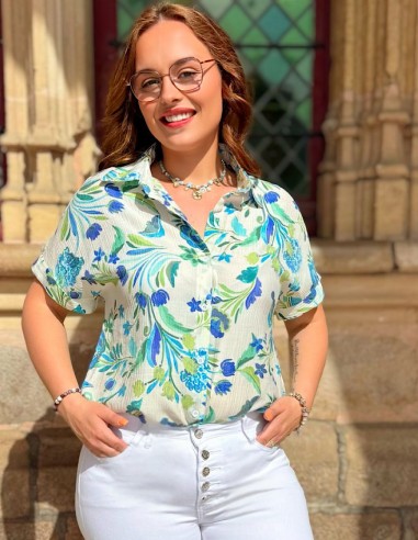 Chemisette femme été fleurie - Chemisier imprimé léger vert et bleu du 34 au 50