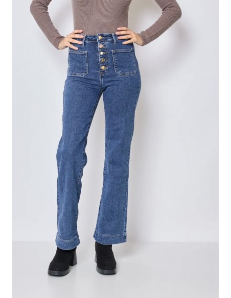 Jean Taille Haute femme Coupe évasée flare wideleg boutons dorés style rétro chic