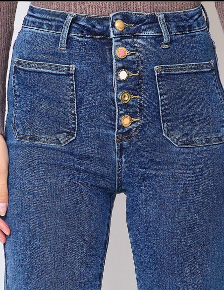 Jean Taille Haute femme Coupe évasée flare wideleg boutons dorés style rétro chic