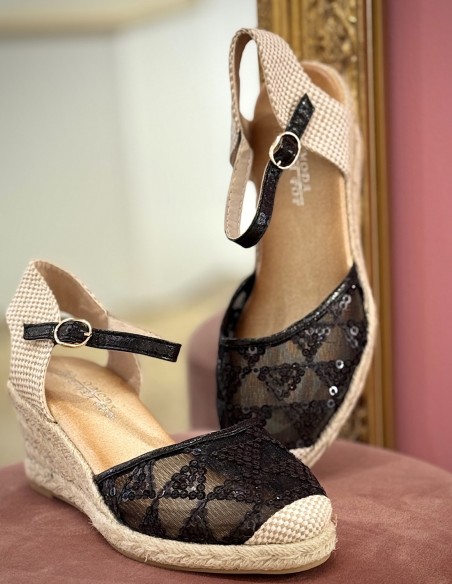 Espadrilles compensées femme élégantes - Talon corde 6cm, dentelle noires à sequins, bride ajustable - Sandales été confort chic