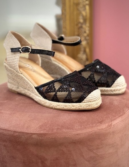 Espadrilles compensées femme élégantes - Talon corde 6cm, dentelle noires à sequins, bride ajustable - Sandales été confort chic
