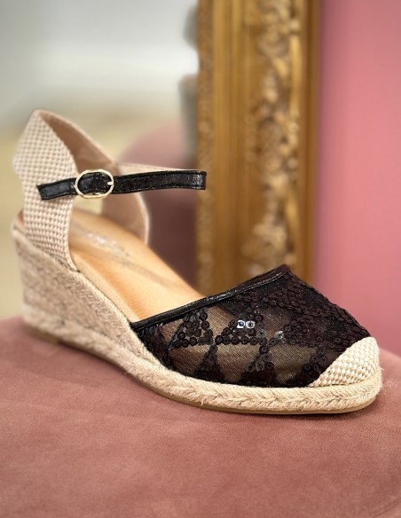 Espadrilles compensées femme élégantes - Talon corde 6cm, dentelle noires à sequins, bride ajustable - Sandales été confort chic