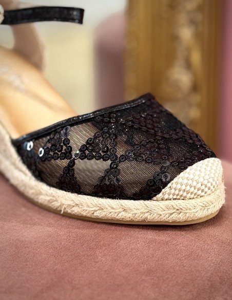 Espadrilles compensées femme élégantes - Talon corde 6cm, dentelle noires à sequins, bride ajustable - Sandales été confort chic