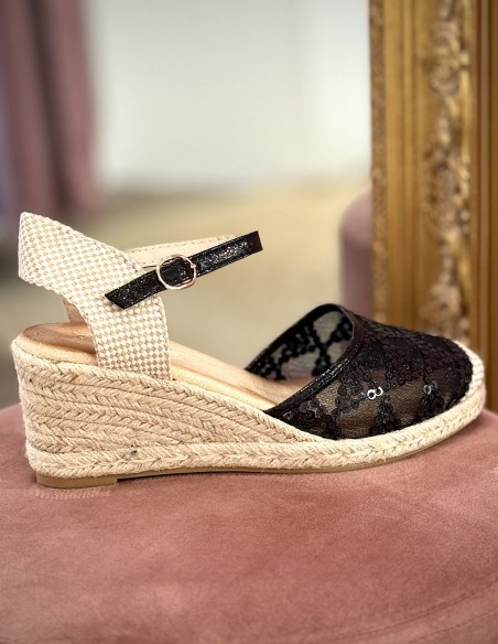 Espadrilles compensées femme élégantes - Talon corde 6cm, dentelle noires à sequins, bride ajustable - Sandales été confort chic