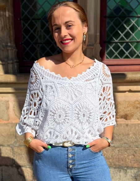 Top coton bohème ample en crochet ajouré pour femme