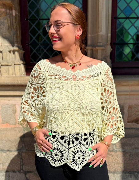 Top coton bohème ample en crochet ajouré pour femme