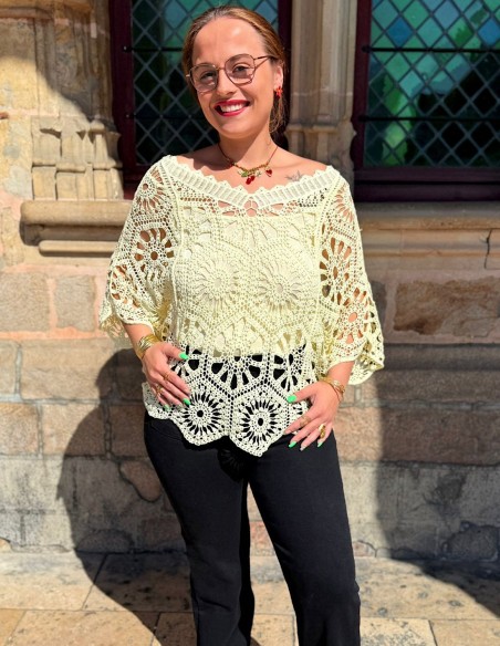 Top coton bohème ample en crochet ajouré pour femme