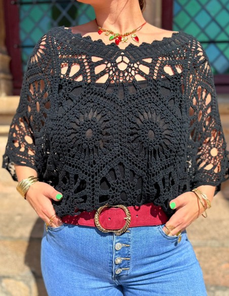 Top coton bohème ample en crochet ajouré pour femme