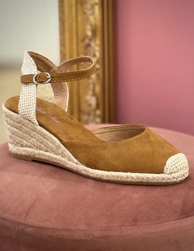 Espadrilles compensées femme en daim camel - Sandales été avec brides cheville & semelle corde