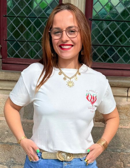 T-shirt blanc femme " chilli lovers club " avec motif piments rouges