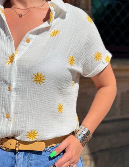 Chemisette femme en gaze de coton motifs soleil brodés du S au XL