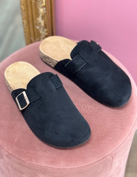 Sabots mules femme confort en suédine avec boucle - Semelle anatomique en liège