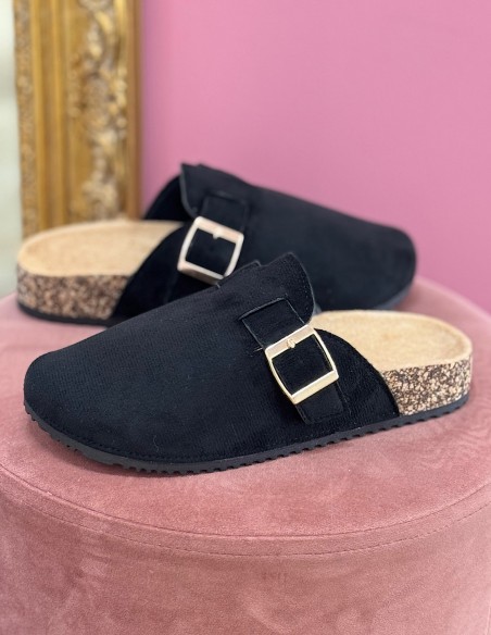 Sabots mules femme confort en suédine avec boucle - Semelle anatomique en liège