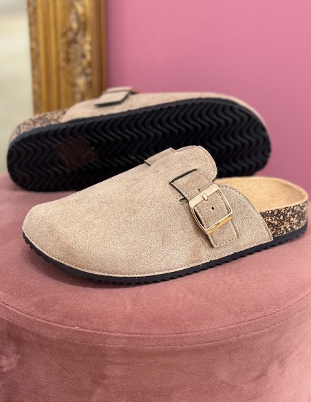 Sabots mules femme confort en suédine avec boucle - Semelle anatomique en liège