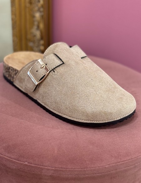Sabots mules femme confort en suédine avec boucle - Semelle anatomique en liège