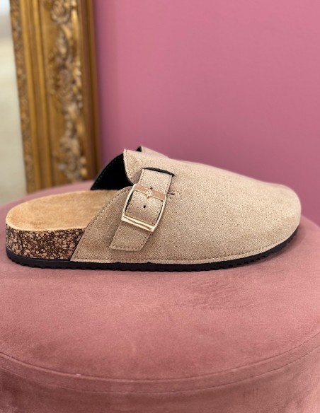 Sabots mules femme confort en suédine avec boucle - Semelle anatomique en liège
