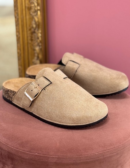 Sabots mules femme confort en suédine avec boucle - Semelle anatomique en liège