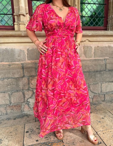 Robe longue fluide rose à motifs...
