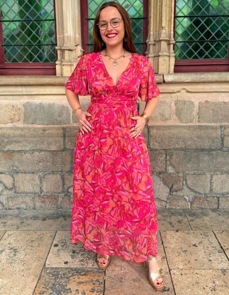 Robe longue fluide rose à motifs floraux - Look d'été élégant et bohème 34 au 50