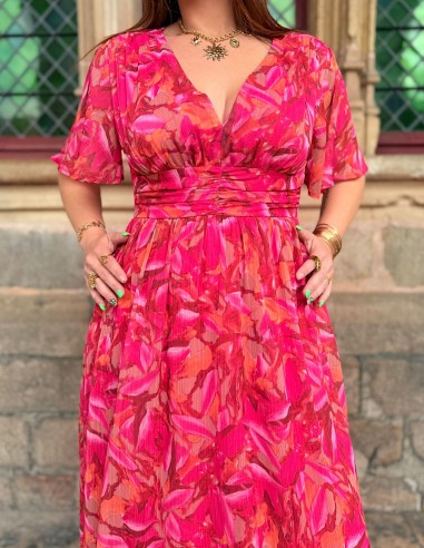 Robe longue fluide rose à motifs...