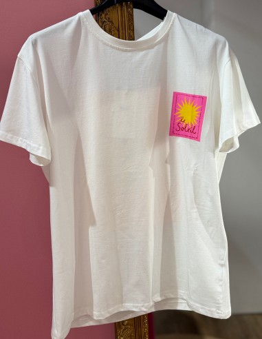 T-shirt blanc imprimé " Le soleil " motif jaune et rose summer vibes