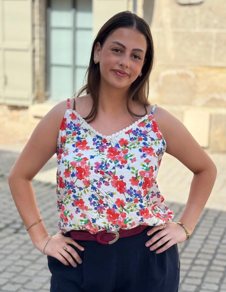 Débardeur fleuri femme liseré dentelle avec bretelles réglables 34 au 50