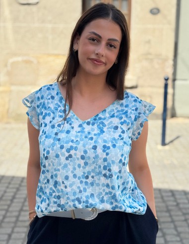 Top fluide léger pour femme motifs pois bleu et dos ouvert 34 au 50