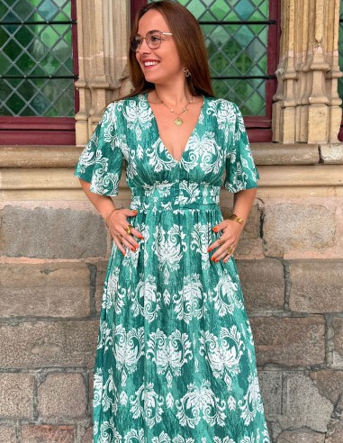 Robe longue bohème verte à motifs...