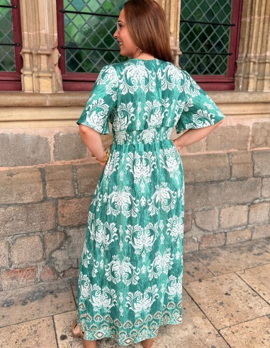 Dos de la robe bohème verte - coupe fluide, manches courtes évasées, style chic estival