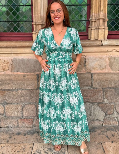 Robe longue bohème verte à motifs baroques - vue de face décolleté en v et taille cintrée