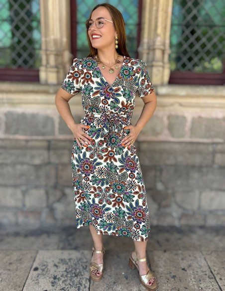 Robe midi à imprimé floral coloré pour femme - Elégante et estivale du S au XL