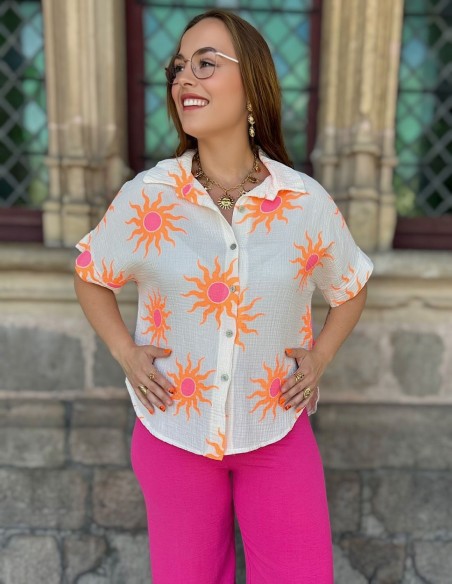 Chemisette femme soleil en gaze de coton flashy - Taille unique 36 à 42
