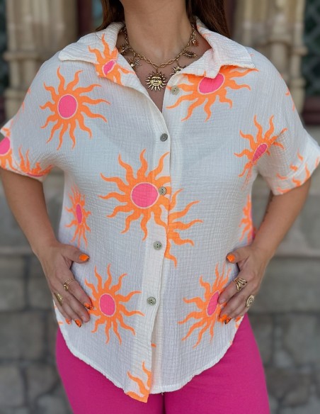 Chemisette femme soleil en gaze de coton flashy - Taille unique 36 à 42
