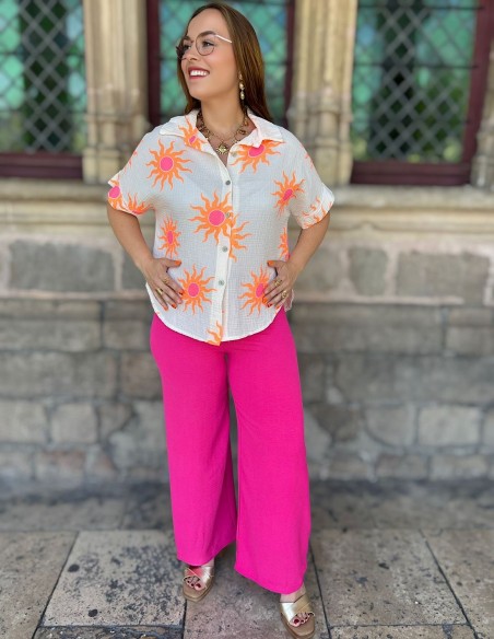 Chemisette femme soleil en gaze de coton flashy - Taille unique 36 à 42