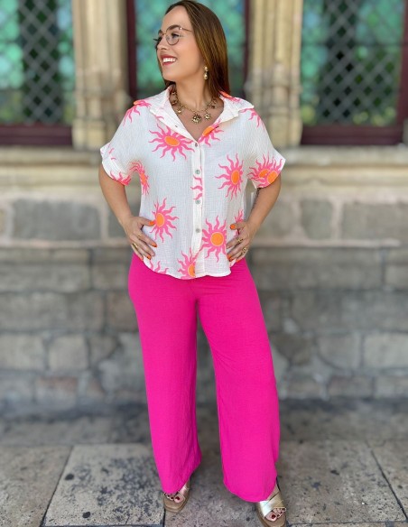 Chemisette femme soleil en gaze de coton flashy - Taille unique 36 à 42