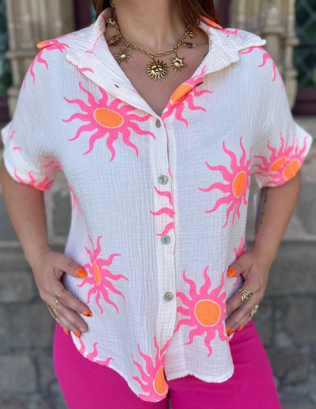Chemisette femme soleil en gaze de coton flashy - Taille unique 36 à 42