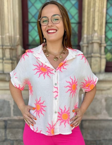 Chemisette femme soleil en gaze de coton flashy - Taille unique 36 à 42