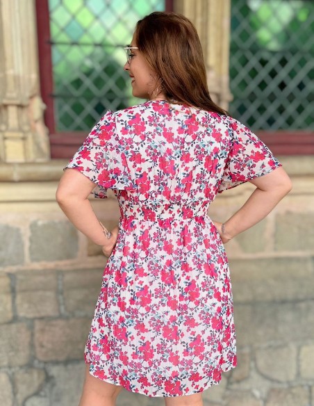 Robe d'été à fleurs rose et manches courtes - look chic du 34 au 50