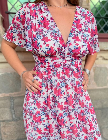 Robe d'été à fleurs rose et manches courtes - look chic du 34 au 50
