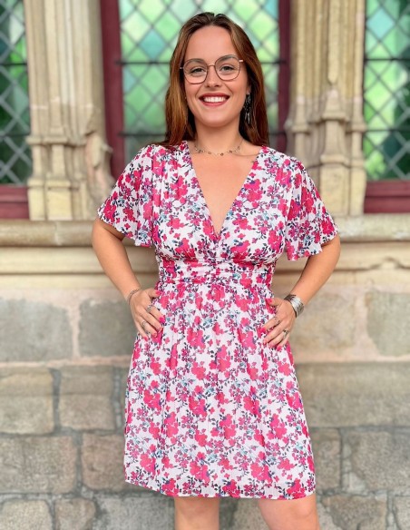 Robe d'été à fleurs rose et manches courtes - look chic du 34 au 50