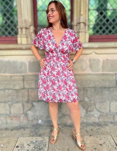 Robe d'été à fleurs rose et manches...