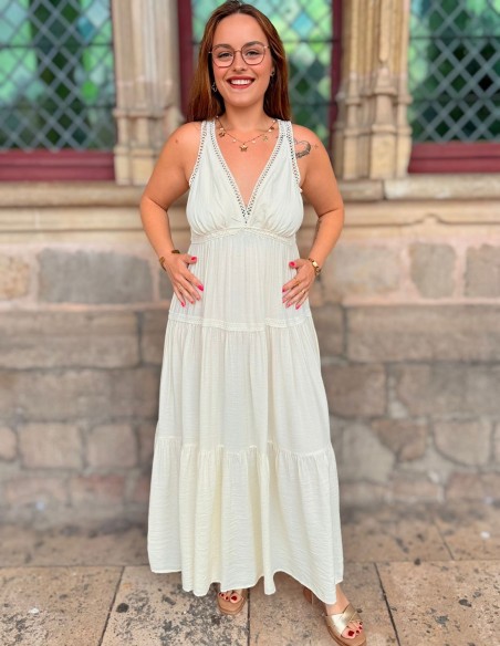 Robe longue bohème confortable effet coton fluide - Sans manche, décolleté V