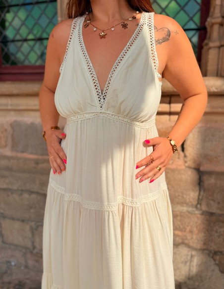 Robe longue bohème confortable effet coton fluide - Sans manche, décolleté V