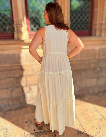 Robe longue bohème confortable effet coton fluide - Sans manche, décolleté V