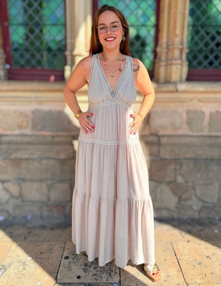 Robe longue bohème confortable effet coton fluide - Sans manche, décolleté V