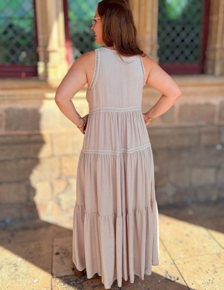 Robe longue bohème confortable effet coton fluide - Sans manche, décolleté V