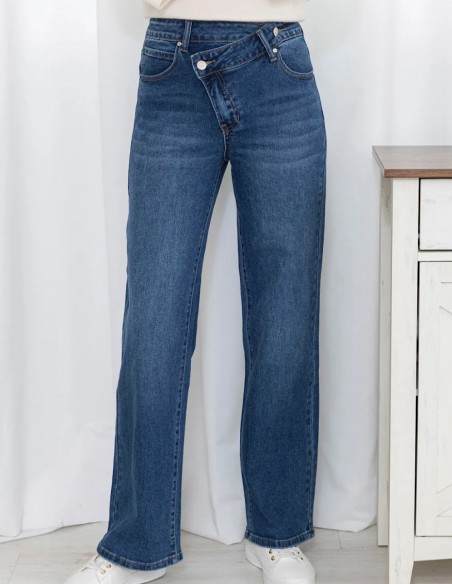 Jean femme évasé taille haute stretch confort à fermeture asymétrique du 34 au 42