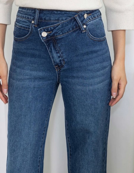 Jean femme évasé taille haute stretch confort à fermeture asymétrique du 34 au 42
