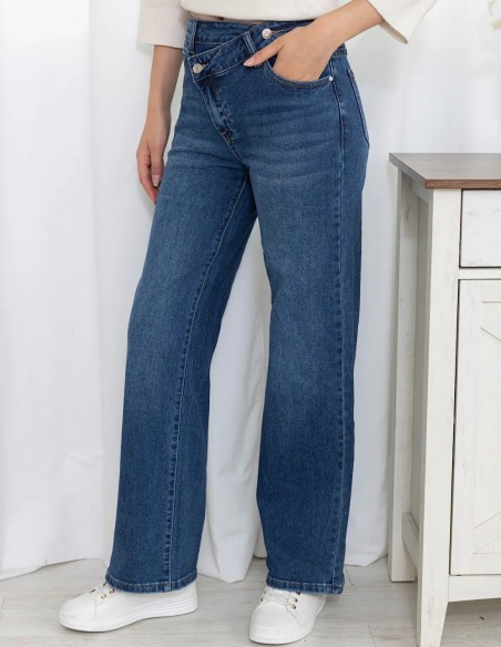 Jean femme évasé taille haute stretch confort à fermeture asymétrique du 34 au 42